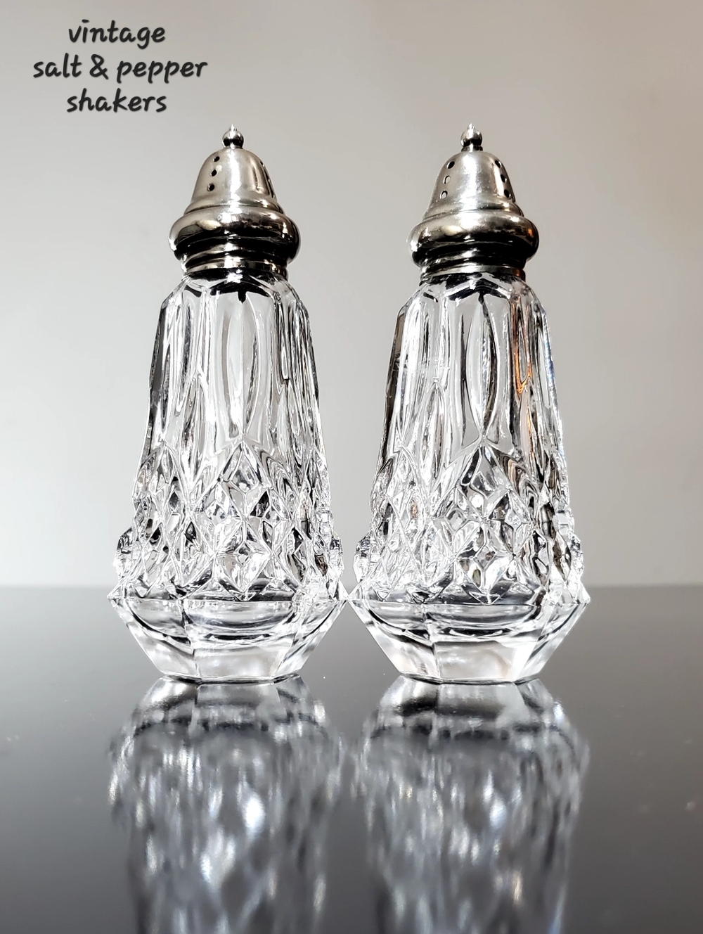 Pair 5" Crystal Clear Glass Salt and Pepper Shaker Silver Toned Tops